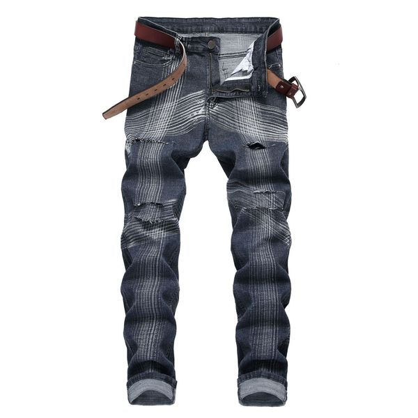 

wear big hole jeans men's fashion personality straight slim pants, Blue