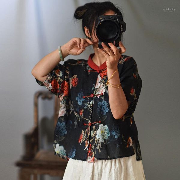 

women loose ramie printed shirts ladies vintage print ramie blouse female shirt 2020 summer1, White