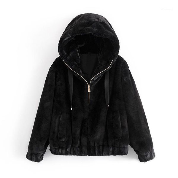 

causal women black faux fur coats 2020 fashion ladies zipper jackets streetwear female thick hooded outercoat chic girl coat1