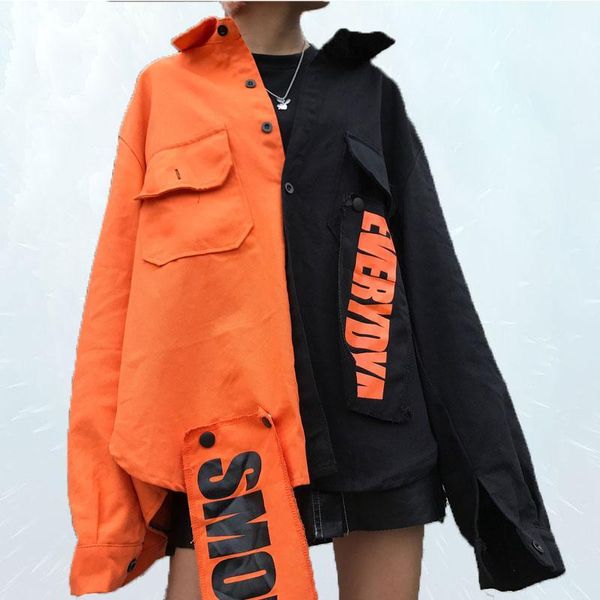 

2019 cheerart harajuku denim jacket women patch letter print jeans jacket coat woman color block loose streetwear overcoat sl2861, Black;brown