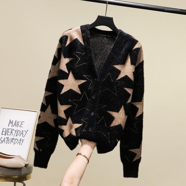 

women's knits & tees european autumn v-veck stars imitation mink knitted single breasted cardigans sweaters outwear woman fashion stree, White
