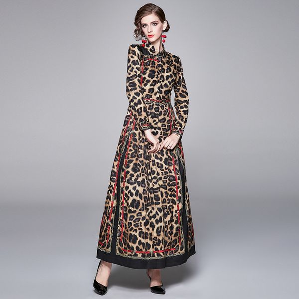 

merchall fashion designer runway long dress women's turn down neck long sleeve leopard print vintage party maxi dress 201204, Black;pink