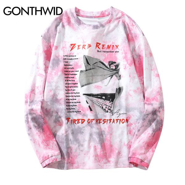 

tired of hesitation print tie dye pink sweatshirts mens hip hop casual pullover hoodies streetwear hipster casual kg-155, Black