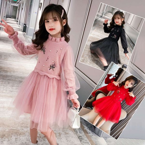 

drs girls' sweater 2021 new korean children's foreign sle little girl spring pearl flower princs skirt, Red;yellow