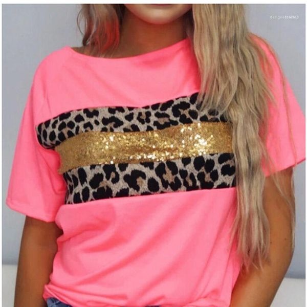 

leopard women casual t-shirt o-neck short sleeve womens tshirts summer casual fashion loose ladies sequins, White