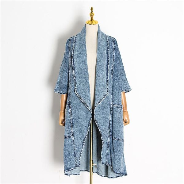 

ewq] female clothing overcoats 2021 tide vintage denim women windbreaker lapel collar half sleeve high waist trench coats blue, Tan;black