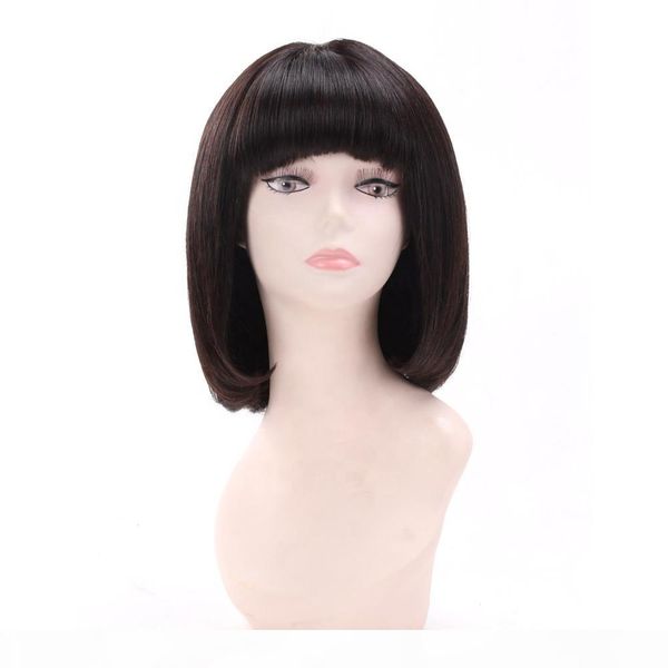 

mongolian new human hair straight full front lace wigs for black women bangs short bob pre plucked bleached knots, Black;brown
