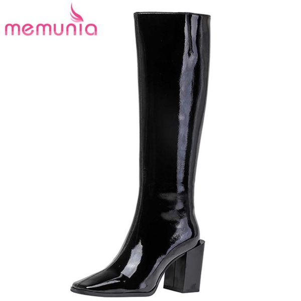 

memunia 2021 patent leather knee high boots women high heel party shoes square toe fashion long boots ladies, Black