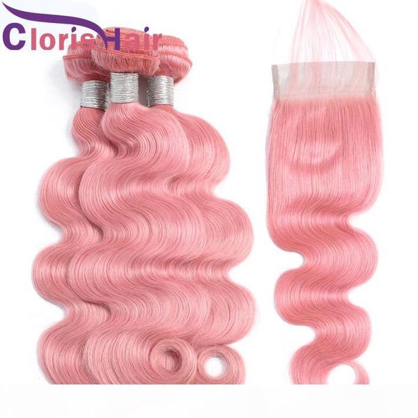 

fashion pink human hair bundles with lace closure body wave brazilian virgin hair extensions pure pink wavy colored weaves with closure, Black;brown