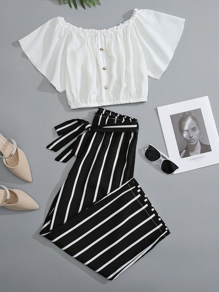 

frilled button bardot & striped paperbag waist pants set y1ys#, White