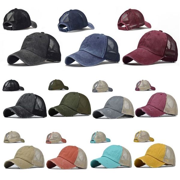 

women ponytail messy high bun baseball cap washed vintage distressed breathable mesh back outdoor sports snapback hatq1228, Blue;gray