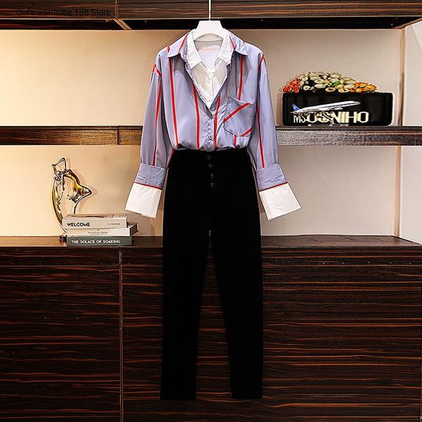 

large size women's clothing 2020 new autumn clothing sister fashionable age-reducing stitching striped shirt ankle pants, Black