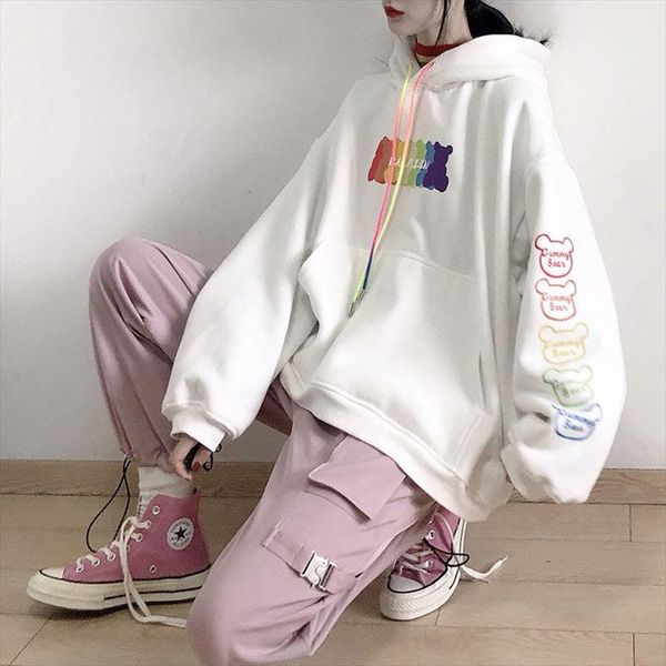 

2020 spring autumn white hooded sweatshirt women korean loose plus velvet thickened student jacket japanese bear printing, Black