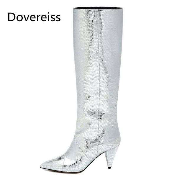 

dovereiss fashion women's shoes winter silver pointed toe block heels new pure color concise knee high boots 33-43, Black