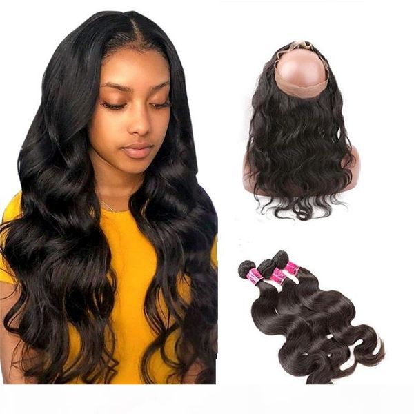 

greatremy бразильского body wave 3 связка и 360 кружево фронтального с волосами младенца для полной головки бразильских волос девственницы 3, Black;brown