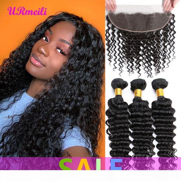 

peruvian deep curly human hair bundles with frontal closure virgin human hair extension deep wave frontal closure with 3 4 bundles, Black;brown