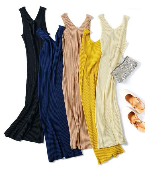 

2020 women spring summer knit tank long dress korean style knitting v neck sleeveless vest thin women casual dresses1, Black;gray