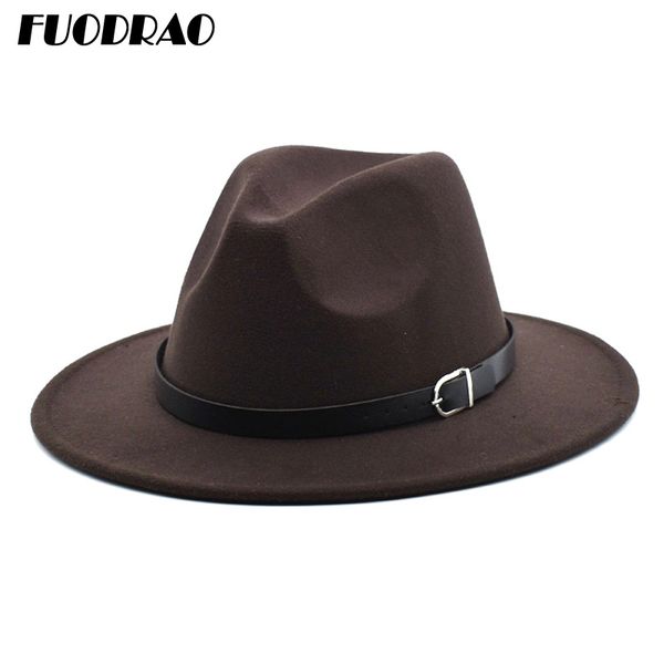 

fuodrao new fashion belt fedoras for women spring men wool jazz hat wide brim brown hats gentleman elegant chapeau femme f15 q1216, Blue;gray