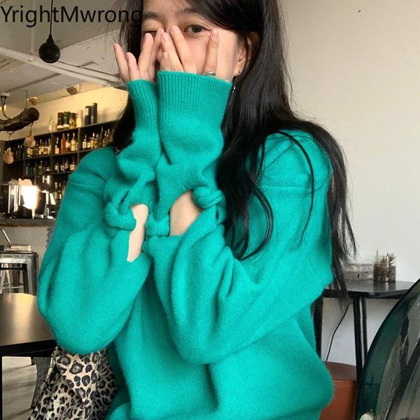 

korean cute hollow bow style long sleeve solid fall cloth winter lolita knit pullover sweater green white pink blue fashion top, White;black