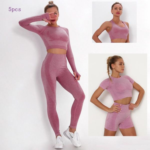 

yoga outfits seamless women's tracksuit set sportswear gym clothing fitness long sleeve high waist leggings sports suits2/3/5pcs, White;red