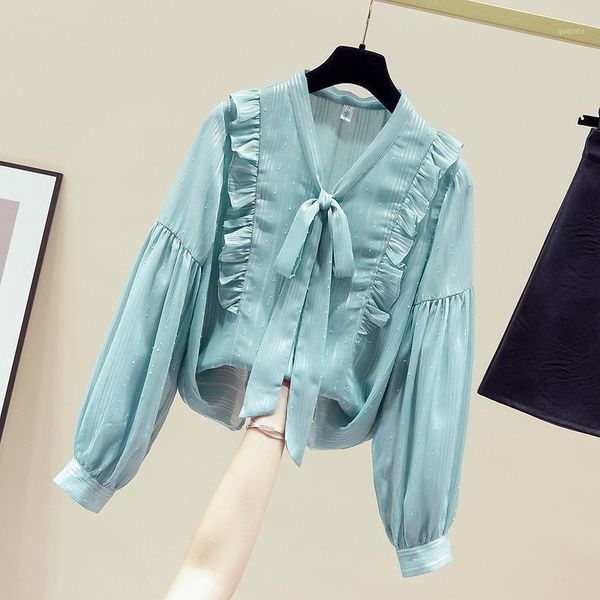 

new 2021 autumn women's long sleeves bow collar ruffles stripe chiffon shirts girls ladies shirt blouse a40891, White