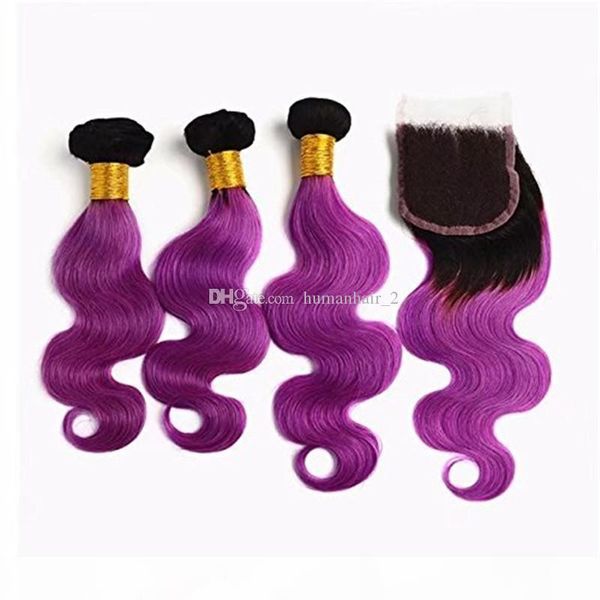 

brazilian virgin human ombre hair with lace closure two tone 1b perple body wave 3bundles with 4*4 lace closure, Black;brown
