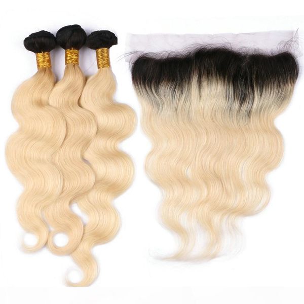 

peruvian body wave ombre human hair wefts with lace frontal 2tone 1b 613 blonde ombre full frontal 13x4 lace closure with 3bundles, Black;brown