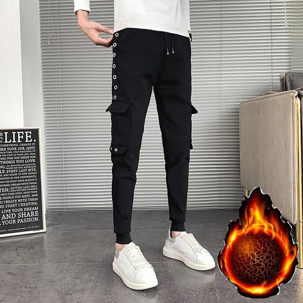 

men's pants winter thick plus velvet warm harem men clothes 2021 slim fit side pockets casual joggers trousers low waist black 34-28