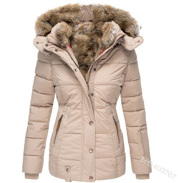 

fur collar hooded womens down solid color warm zipper slim women designer parkas long sleeve pockets coats, Black