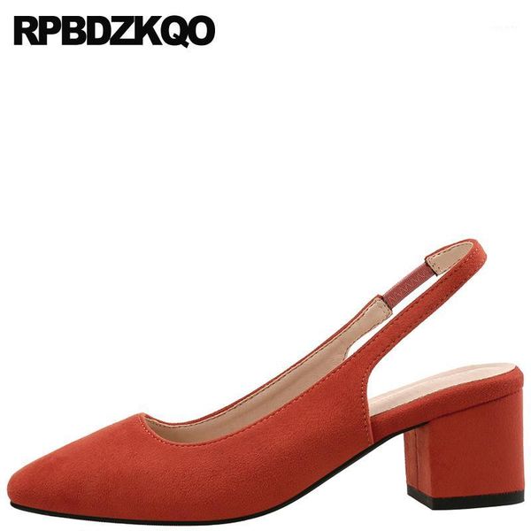 

chunky suede square toe block heels shoes for women low slip on big size medium thick slingback pumps 33 orange summer sandals1, Black