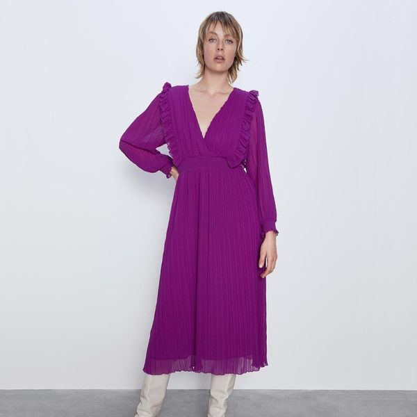 

elina solid ruffles dresses women fashion v neck dress women elegant collected waisted long sleeve midi dresses female ladies cc1, Black;gray