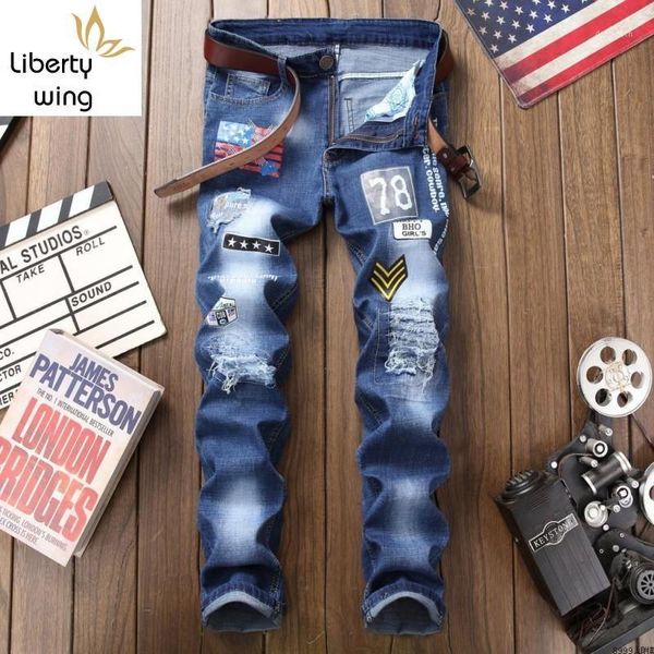 

summer elastic frayed slim fit jeans pants skinny straight punk style print patches casual big size mens denim trousers1, Blue