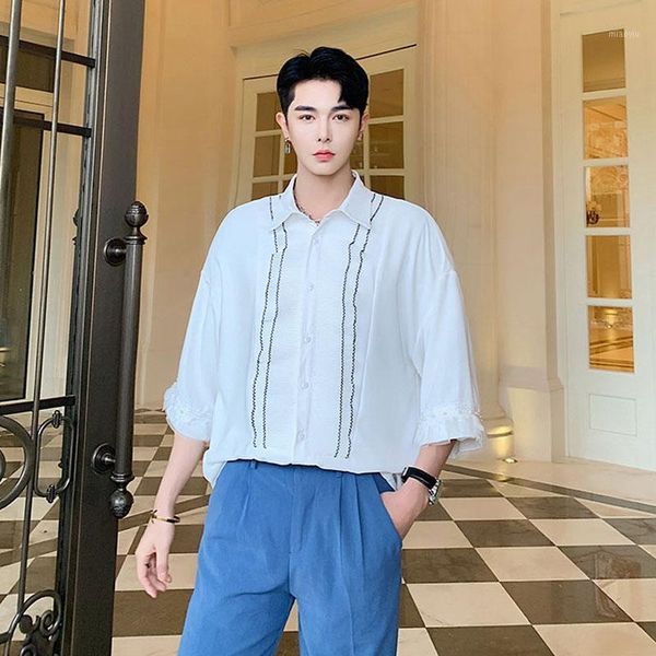

men summer ruffles short sleeve loose casual white black shirt male vintage fashion gothic party show dress shirt1