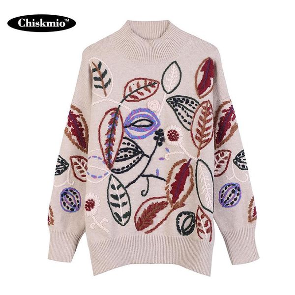 

мода ручной вышивкой лист шаблон вязаные свободный свитер зимней одежды женщины теплый трикотаж пуловер негабаритные свитер женский, White;black