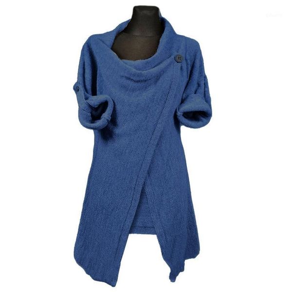 

women button cowl neck sweater solid color long sleeve wrap front split cardigan tunic casual loose poncho jumper1, White