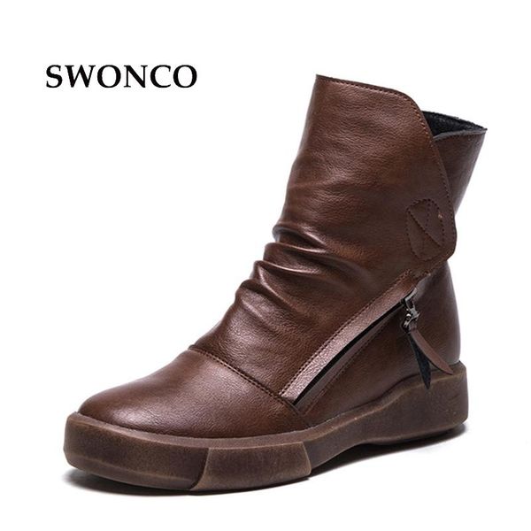 

swonco women winter snow boots platform shoes woman 2020 vintage motorcycle ankle boots feamle casual shoes black fur warm boot