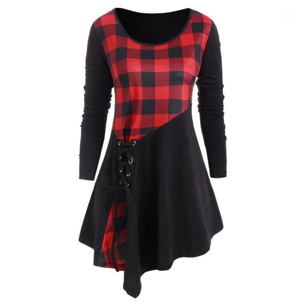 

plus size women tunic shirts christmas fashion o-neck plaid stitching bandage clothes long sleeve irregular chemisier femme1, White