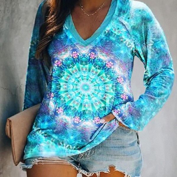 

women's plus size blouse rainbow print long sleeve v neck streetwear daily going out polyester fall lightblue g9yc#, Black