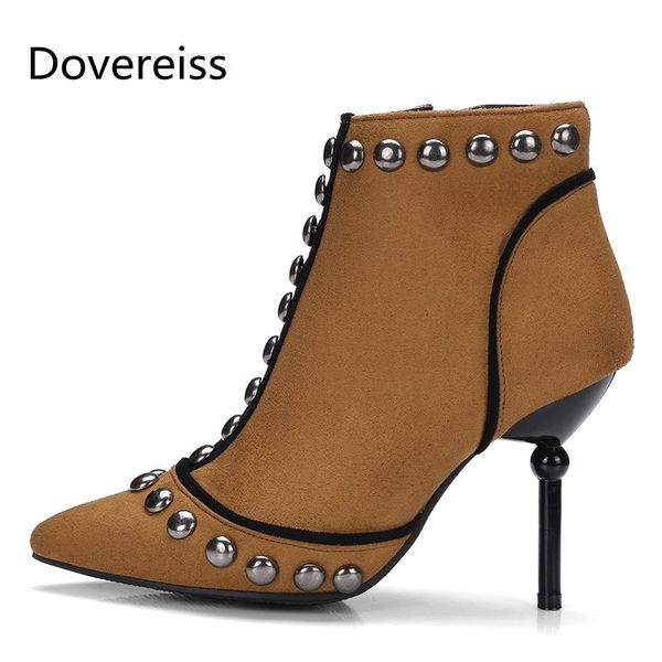 

dovereiss fashion women's shoes winter zipper elegant pointed toe rivets brown black concise stilettos heels mature 48