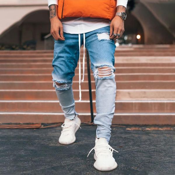 

men hip hop ripped jeans 2021 new gradient denim pants slim fit vintage cowboys trousers male d30, Blue