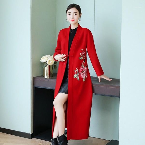 

2020 winter coat women chinese style red long womens coats slim wool outerwear warm winter jacket for female 51851, Black