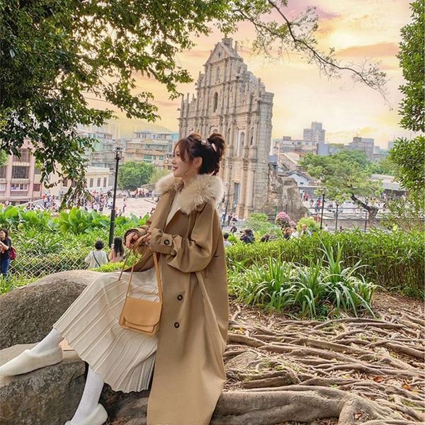 

2020 spring autumn new female windbreaker coats long hooded outerwear loose trench slim coat women j2631, Tan;black