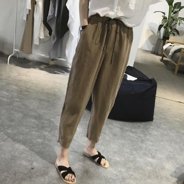 

women summer cotton linen pants casual harem pants drawstring elastic waist plus size female trousers1, Black;white