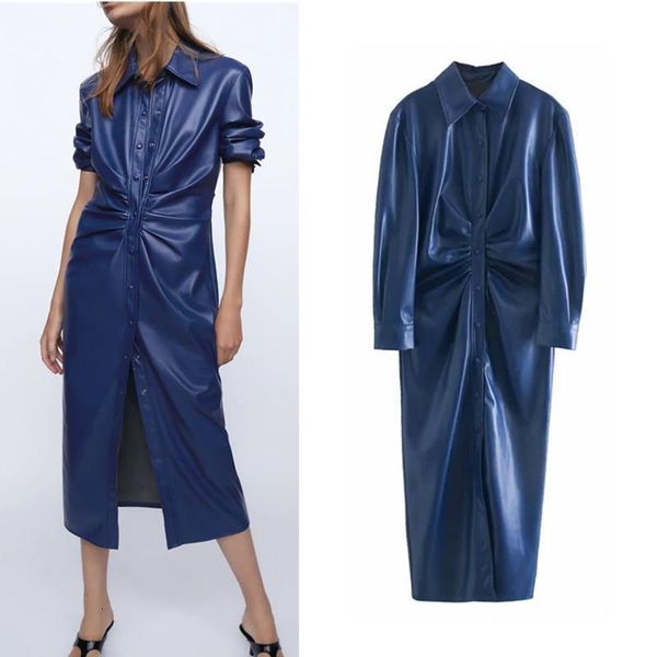 

za 2021 blue faux leather shirt dress women long sleeve lapel collar waist ruched midi dress woman high street fashion dresses, Black;gray
