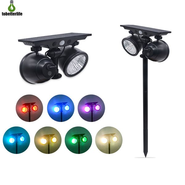 Lâmpadas solares Rotatable Cor Dual RgBW Colorido Light Light 360 graus Duplo Cabeça PIR Motion Sensor Outdoor Garden Spot Floodlight 4 Modos de Iluminação