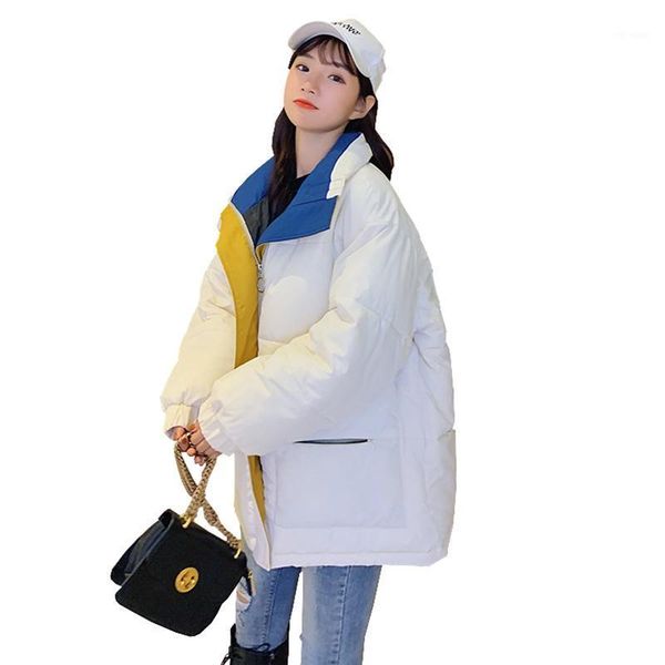 

loose thick down cotton padded jacket 2021 winter ner stand up collar splice women parka zipper long sleeve straight female w471, Black