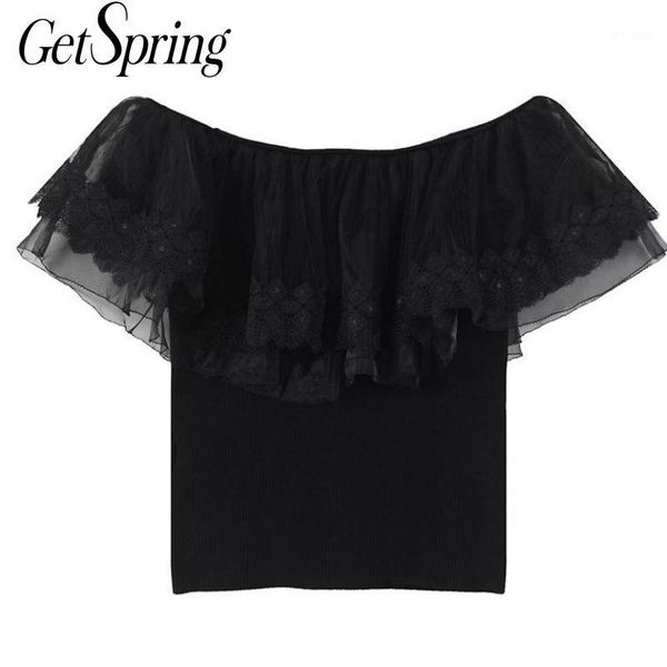 

getspring women t shirt ruffles slash neck black white t shirt women white black all match short t-shirt summer clothing 202001