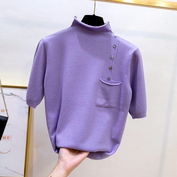 

half turtleneck half sleeve knitted sweater women buttons pocket decoration pullover summer slim basic solid sweaters y200910, White;black