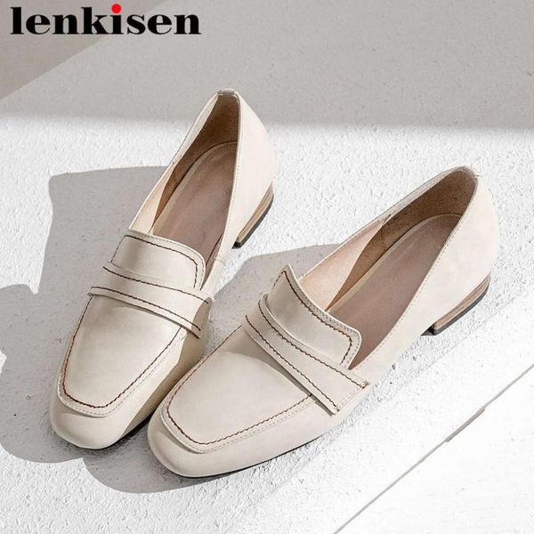 

lenkisen concise brand low heels spring autumn classic square toe slip on cow leather loafers handmade dating party pumps l18, Black