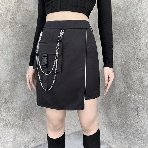 

punk style with chain black skirts gothic high waist grunge black pocket and buckle side mini skirt autumn streetwear